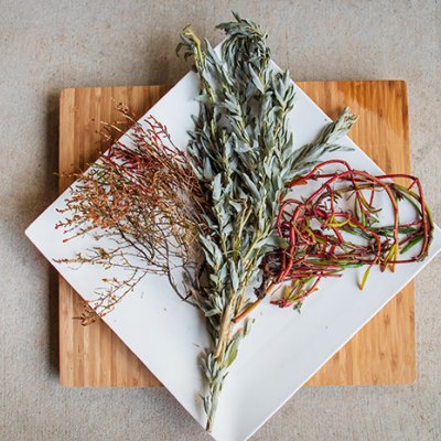 Sprigs of three plants arranged on a white, square plate which sits on a time board